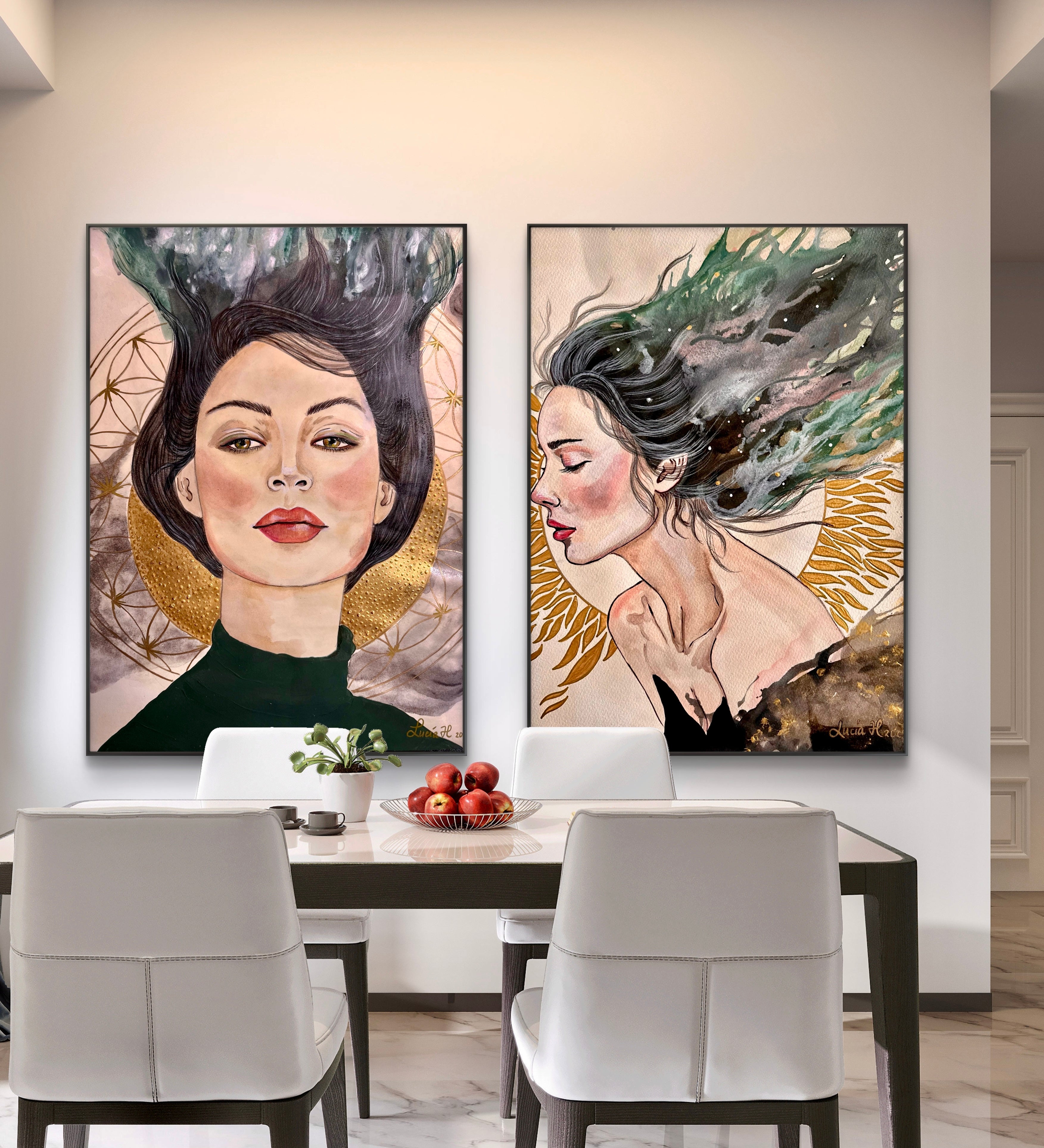 Pintura de una mujer rodeada de halos dorados y formas fluidas que evocan aire y energía, transmitiendo fuerza, ternura y luz interior. Retrato que celebra la resiliencia, el amor y el espíritu de las mujeres.