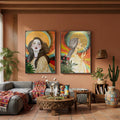 Two colorful paintings of women on a wall in a living room.