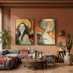 Two colorful paintings of women on a wall in a living room.