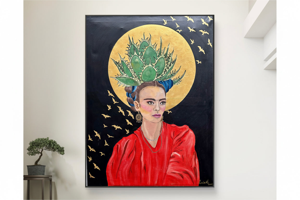 Framed artwork of a stylized portrait with cacti on the head, birds, and a yellow circle in the center, displayed in a living room.