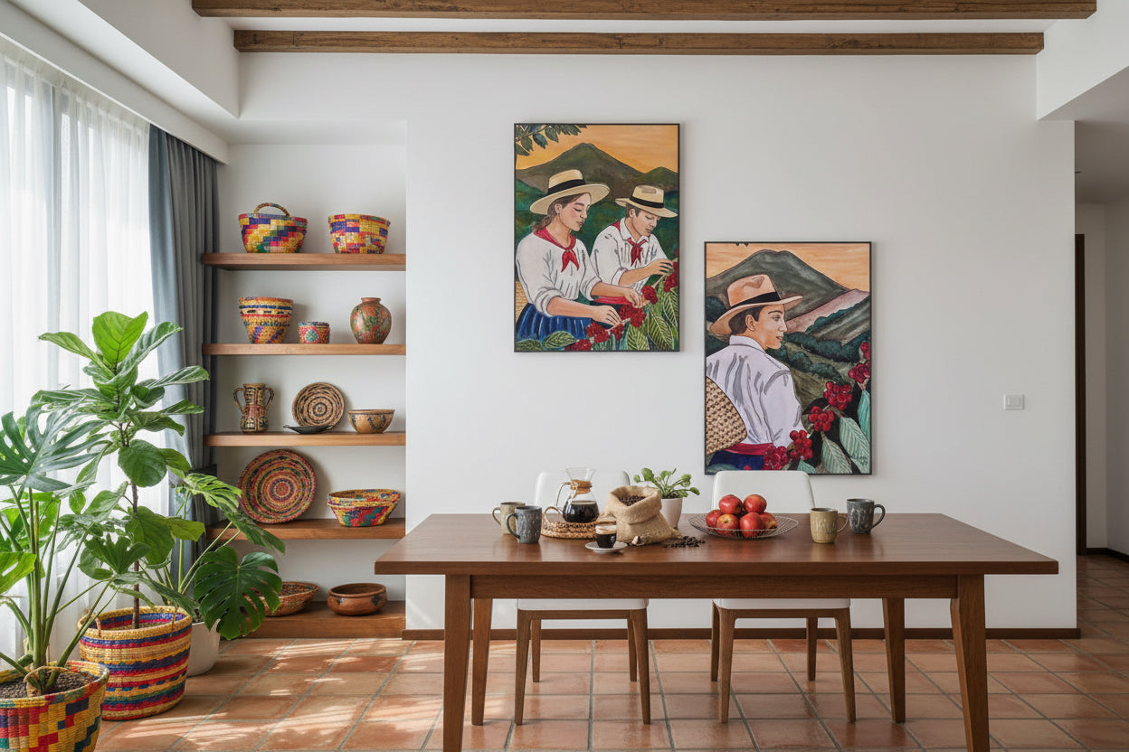 Dining room with two framed paintings of people working in a field on the wall.