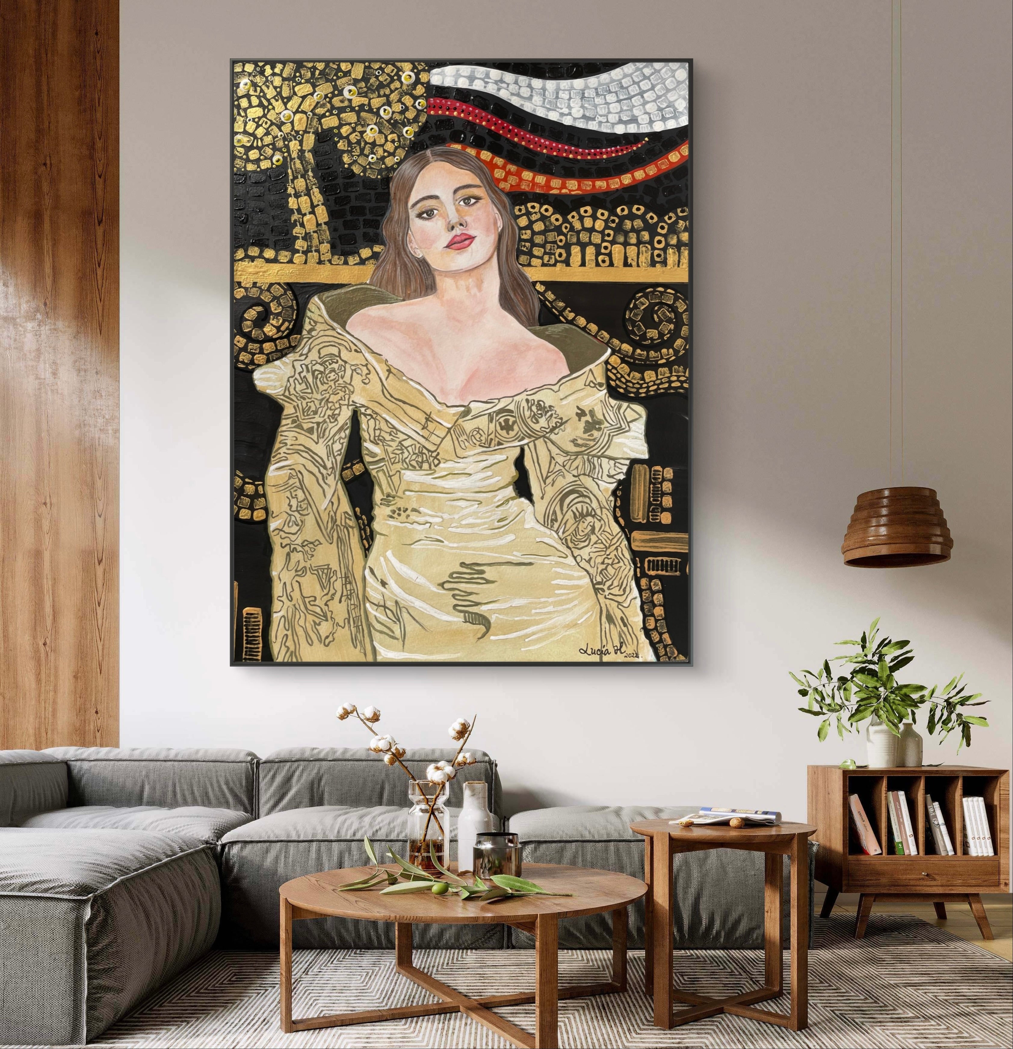 Living room with a large painting of a woman in a yellow dress on the wall.