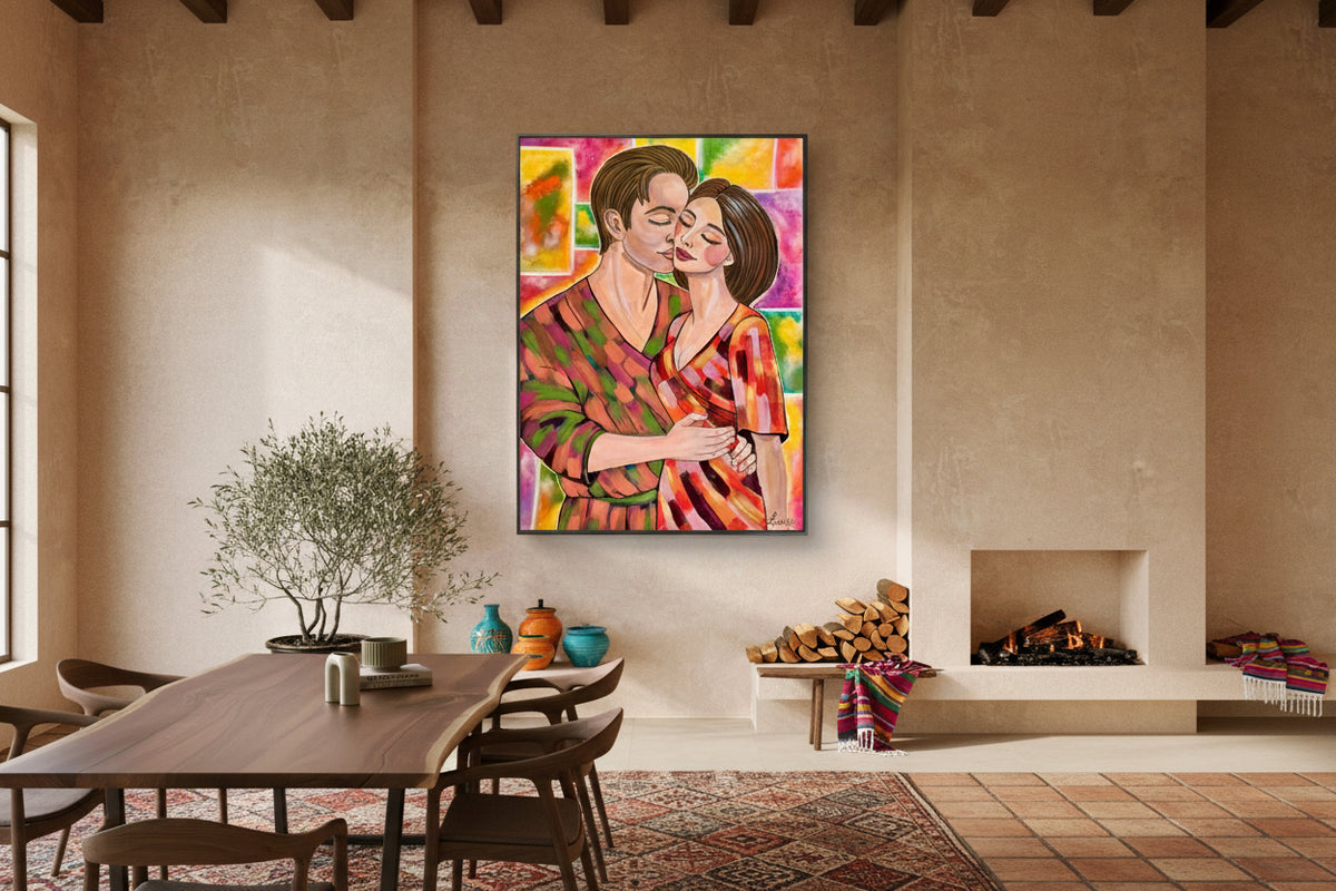 Colorful painting of a couple embracing on a wall in a modern living room.