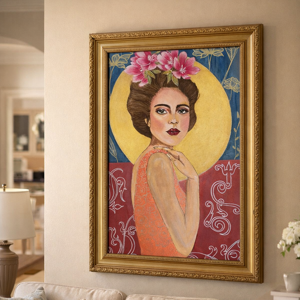 Framed artwork of a woman with flowers in her hair in a living room setting.